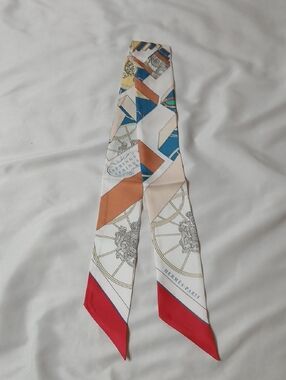 Hermes Springs Springs White Silk Twilly with Red, Blue and Tan Accents